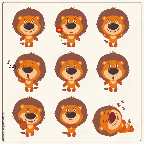 Fototapeta Naklejka Na Ścianę i Meble -  Funny little lion set in different poses. Collection isolated lion in cartoon style.