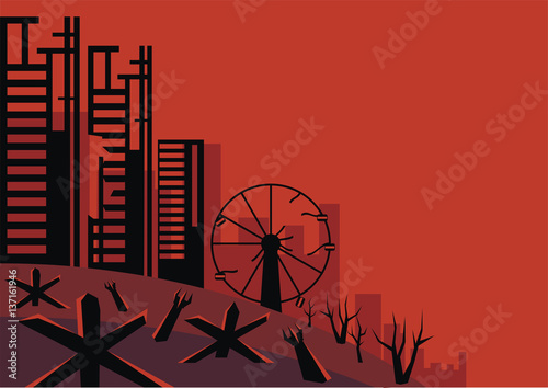 The city which has burned out, destroyed by bombings. Vector background. A template for an anti-war poster.