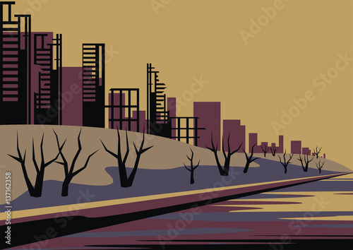 The city which has burned out, destroyed by bombings. Vector background. A template for an anti-war poster.