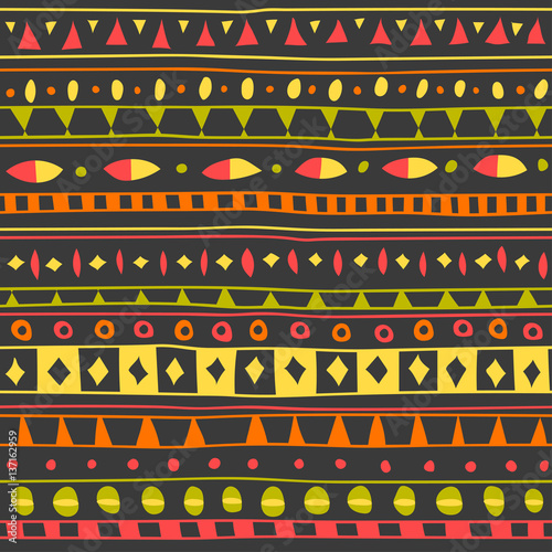 Vector seamless hand draw ethnic decorative ornament. Red and yellow pattern with African ethnic motifs on black background.