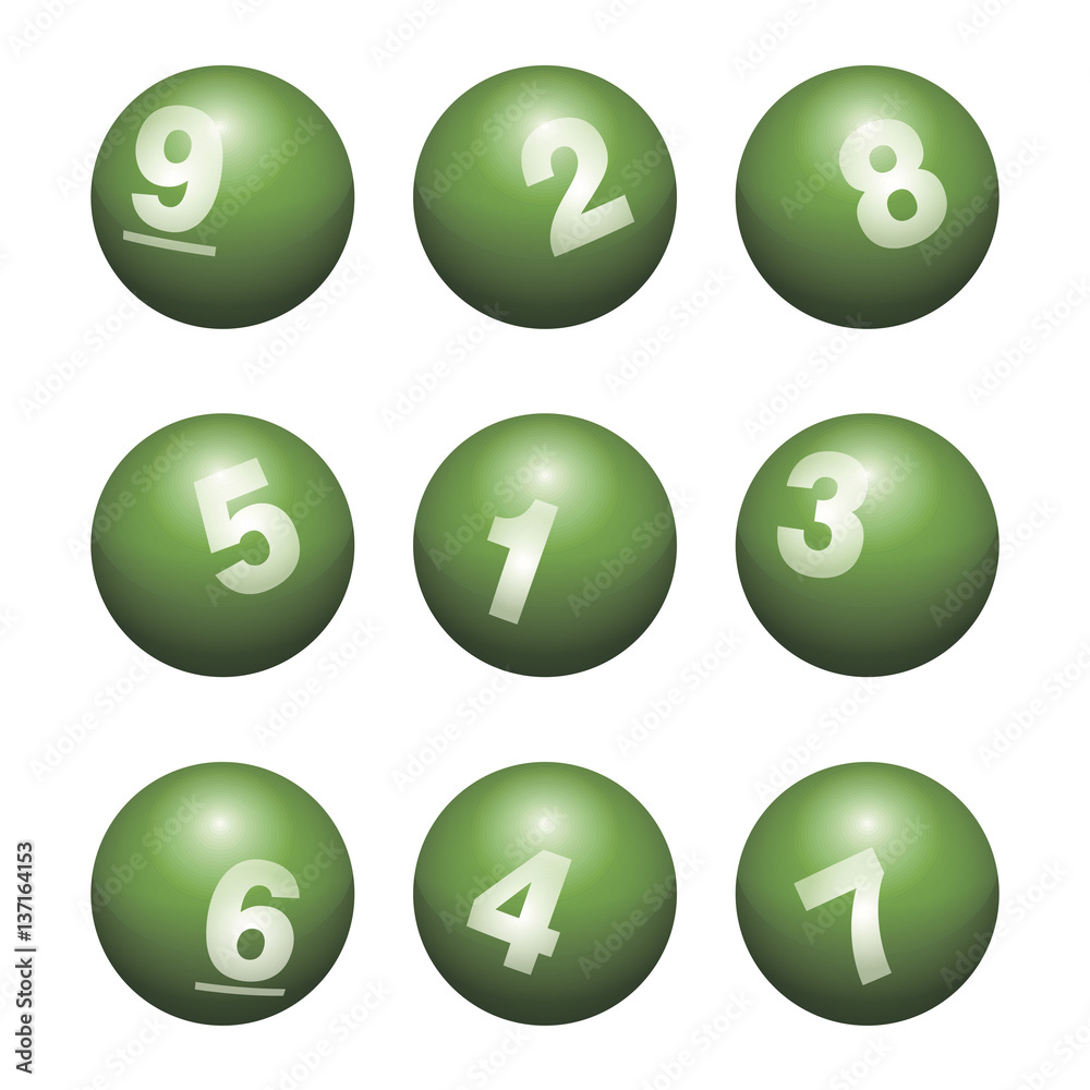 Vector Bingo / Lottery Number Balls Green Set Isolated on White Background - 1 to 9 Vector Bingo / Lottery Number Balls Green Set Isolated on White Background - 1 to 9