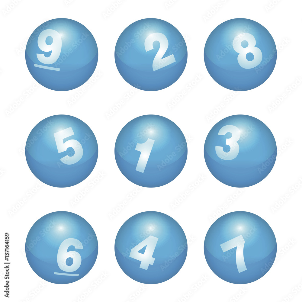 Vector Bingo / Lottery Number Balls Aqua Blue Set Isolated on White Background - 1 to 9