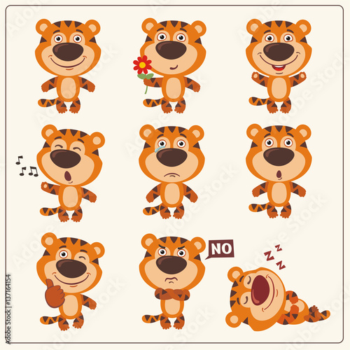Funny little tiger set in different poses. Collection isolated tiger in cartoon style.