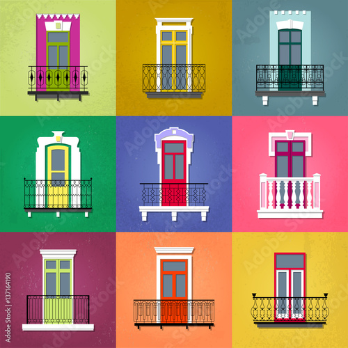 Vector set of flat vintage decorative balconies on colorful grunge facades.