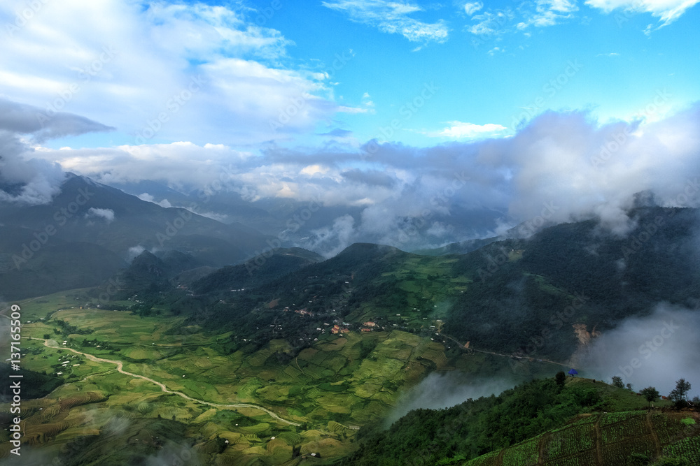 Mucangchai terraced rice field view from mountain