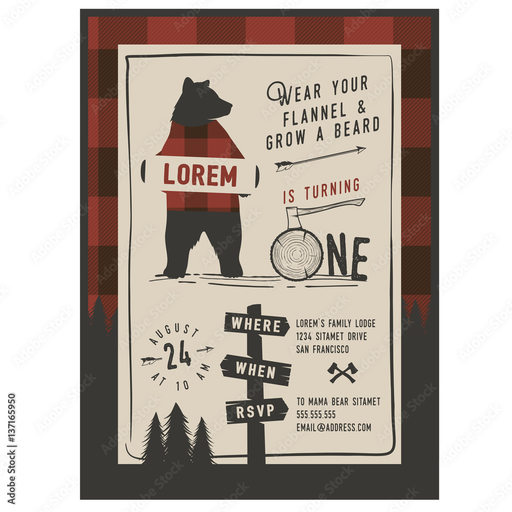 Vintage little Lumberjack party invitation design template. Trendy ...