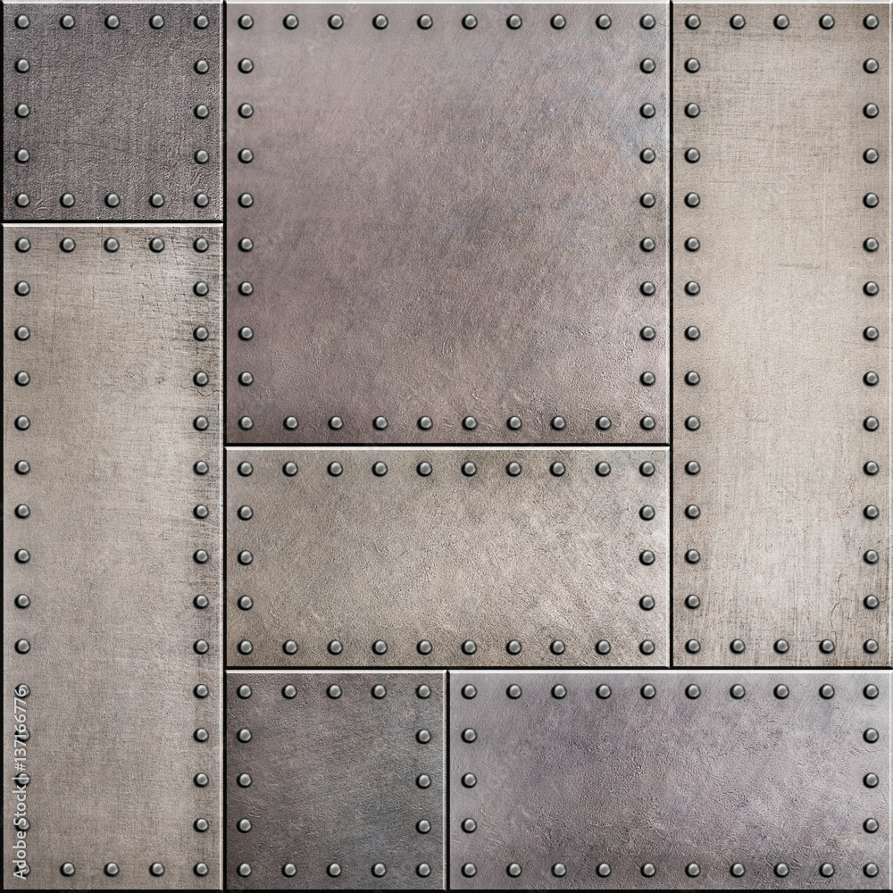 Rusty metal plates with rivets seamless background or texture