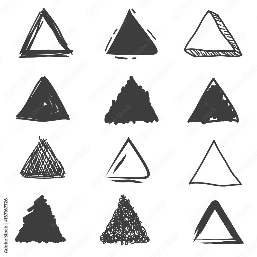 Set of cute hand drawn triangles. Doodle style sketching. Vector