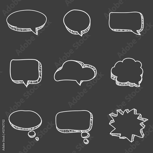 Set of cute hand drawn speech bubbles. Doodle style. Talk clouds sketching. Balloon shape. Vector illustration.