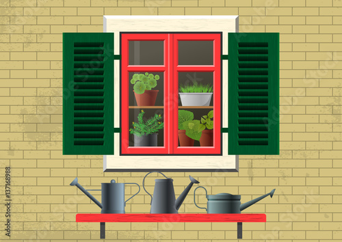 Vector flat illustration about spring, home garden, ecology, cosiness. Brick house and old window with green shutters, red frame and flowers in pots inside. Shelf with metal watering cans outside.