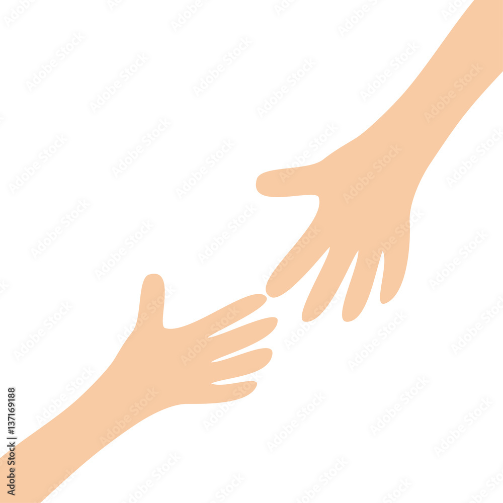 Two hands arms reaching to each other. Helping hand. Close up body part. Happy Valentines day. Flat design. Love soul gift concept White background. Isolated.