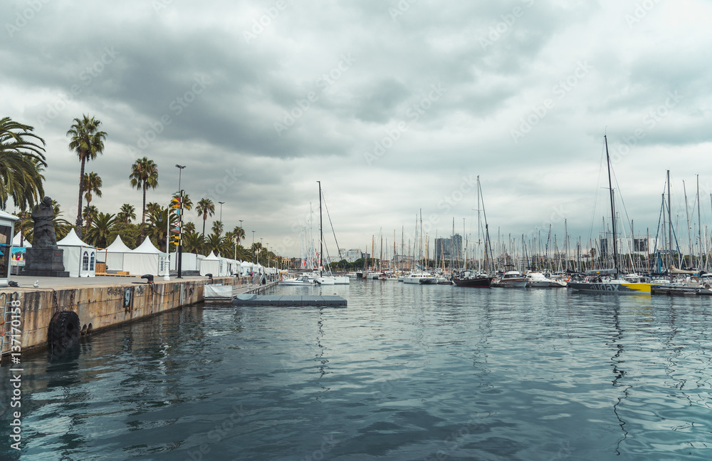 BARCELONA, CATALONIA, SPAIN - OCTOBER 10, 2016. Yachts in Port Vell in Barcelona