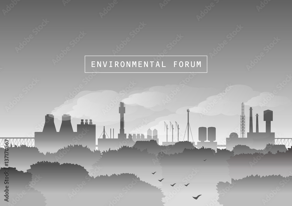Obraz premium Environmental vector illustration. Trees and factory with smoke in fog. Protection of environment, urban landscape, ecology, air pollution, exhaust fumes, autumn morning. Black and white.