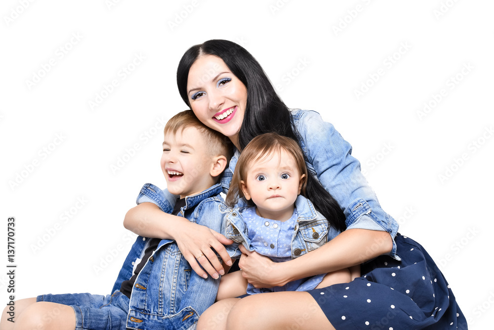 Portrait of a happy mother with her children, isolated on white background Portrait of a happy mother with her children, isolated on white background