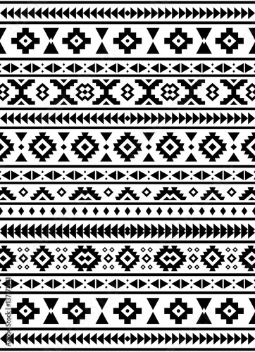 Ethnic pattern design. Seamless pattern. Navajo geometric print. Rustic decorative ornament. Abstract geometric pattern. Native American pattern. Black and white colors