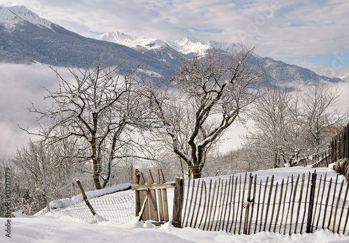 clôture en bois le long d'un jardin enneigé en montagne