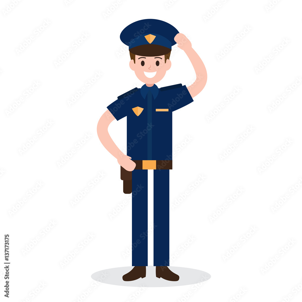 smiling policeman on white background. worker , officer , job , occupation. vector illustration. flat design style. 