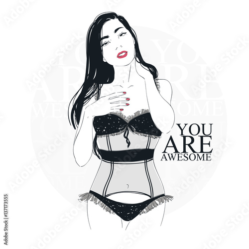 Beautiful girl in black corset staing. Vector hand drawn illustration