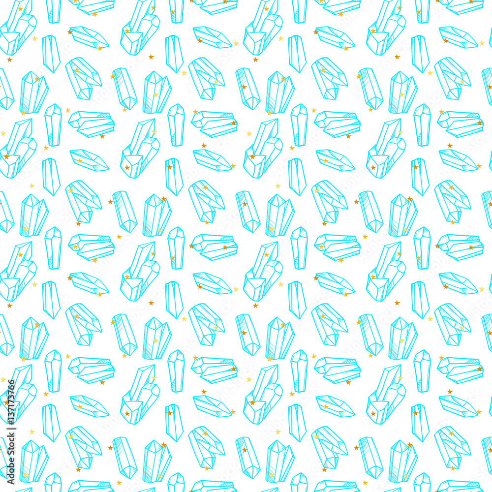 Vector seamless pattern with magic crystals and golden stars. Fantasy print of mineral stones. Vector seamless pattern with magic crystals and golden stars. Fantasy print of mineral stones.