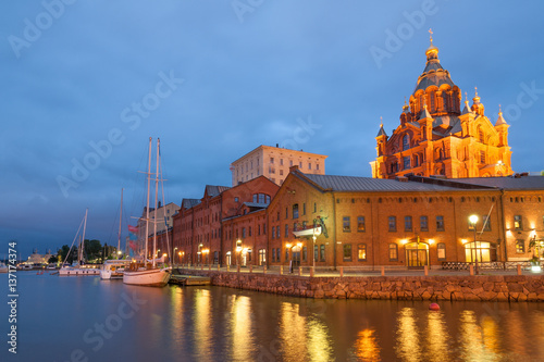 Uspenski cathedral of Finnish Orthodox church by Helsinki harbor in June, Finland 