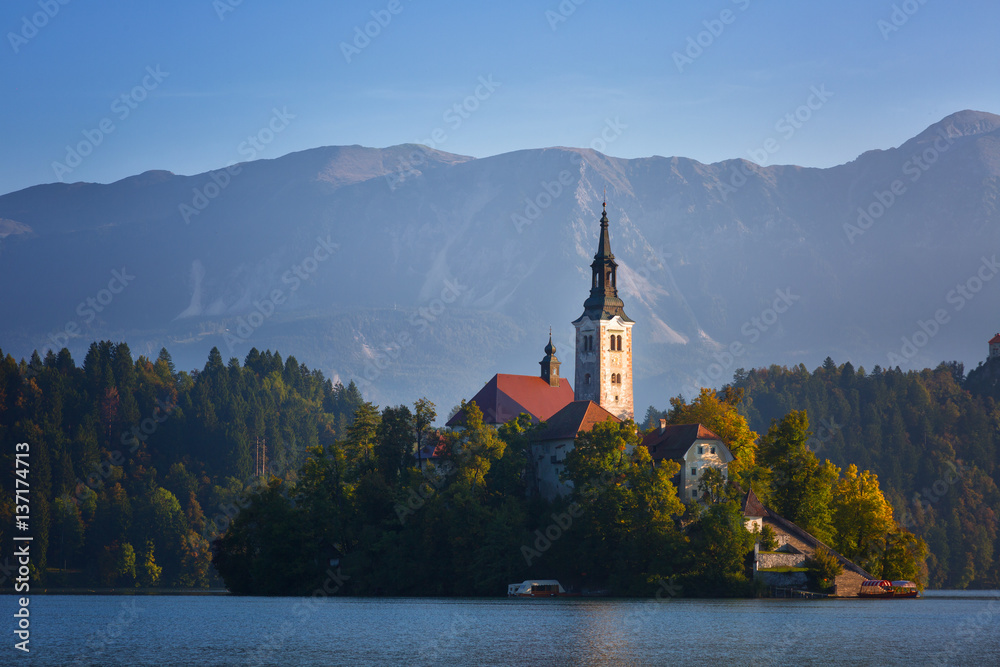 Church on island in Lake Bled, in morning, Slovenia