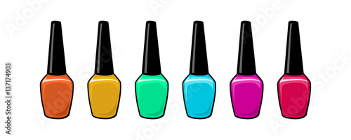 Nail polishes bottles isolated on white. Manicure elements set. Colored collection. Glass shiny closed container. make up. Vector cartoon  illustration, icons, stickers, patches badges