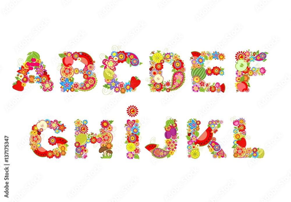 Childish funny vector flowers font with fruits. Summery alphabet, part 1 Childish funny vector flowers font with fruits. Summery alphabet, part 1