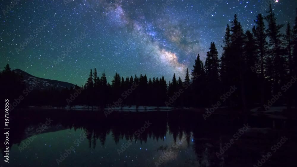 Astro Timelapse of Galaxy over Reflecting Alpine Lake in Yosemite 