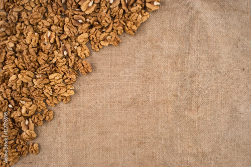 Walnut kernels walnuts on burlap.