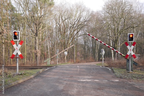 Obraz na plátně Barriers coming down on a level crossing