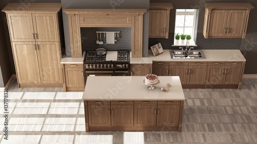 Classic kitchen  elegant interior design with wooden details  top view