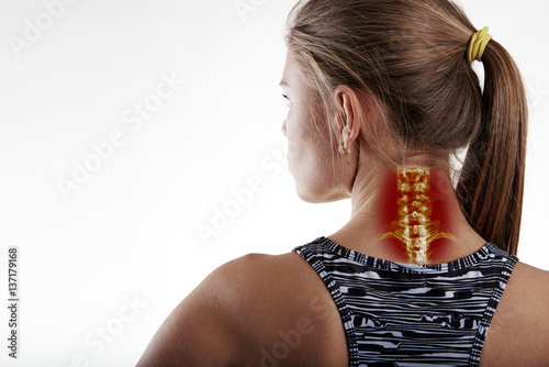 Neck pain, inflammation or illness on woman body. Close up of female athlete having neck illness. 