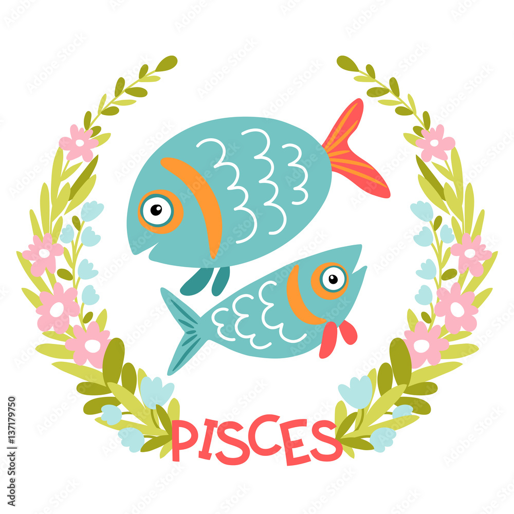 Template greeting card or illustration with Zodiac sign. Pisces
