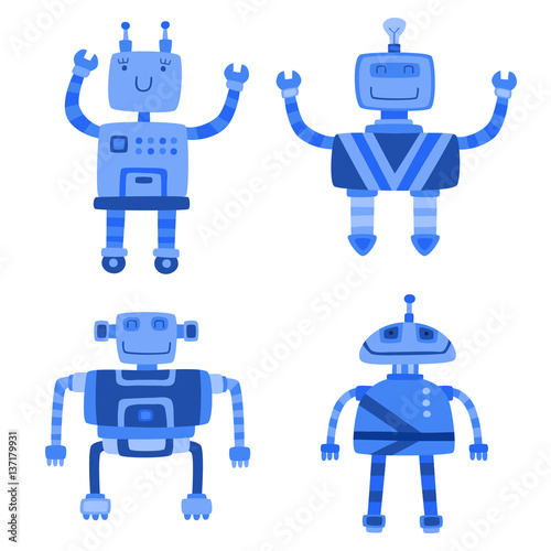 Set of different color cute robots. Vector illustration.