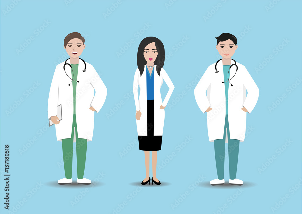 Medical personnel in hospital. Isolated doctors with folder and stethoscope on blue background. Clinic staff. Flat style