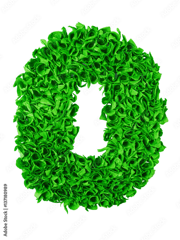 Zero. Handmade number 0 from green scraps of paper