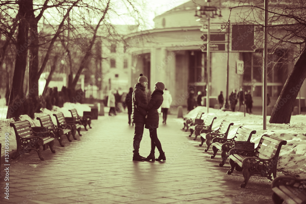 Fototapeta premium couple embracing on a walk Moscow