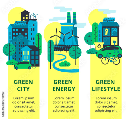Green city set. Environmental protection, ecology concept vertical banners set. Vector illustration. Eco-city, green energy, lifstyle. Solar panels.