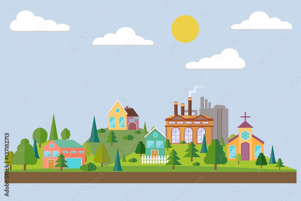 Eco village with plant or factory building in flat style. Summer forest in flat style. Vecot illustration. Eco village with plant or factory building in flat style. Summer forest in flat style. Vecot illustration.