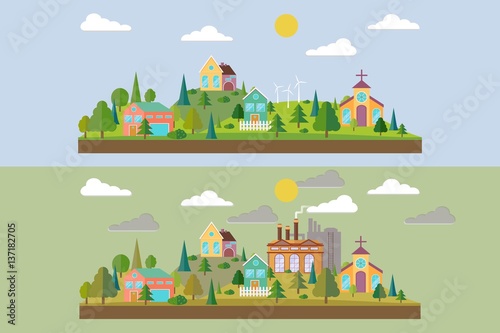 Set of two illustration. Eco village with plant or factory building in flat style. Summer forest in flat style. Environmental pollution. Vector illustration.
