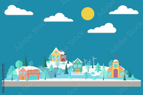 Eco village. Forest in flat style. Winter forest. Eco lifestyle. Ecosystem. Eco tourism. Vector illustration