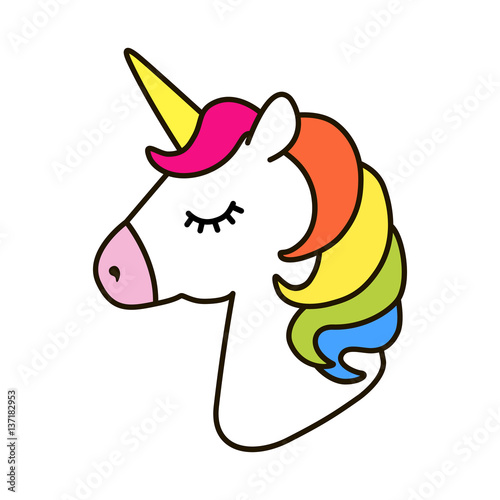 Unicorn vector icon isolated on white. Head portrait horse sticker, patch badge. Cute magic cartoon fantasy cute animal. Rainbow hair. Dream symbol. Design for children