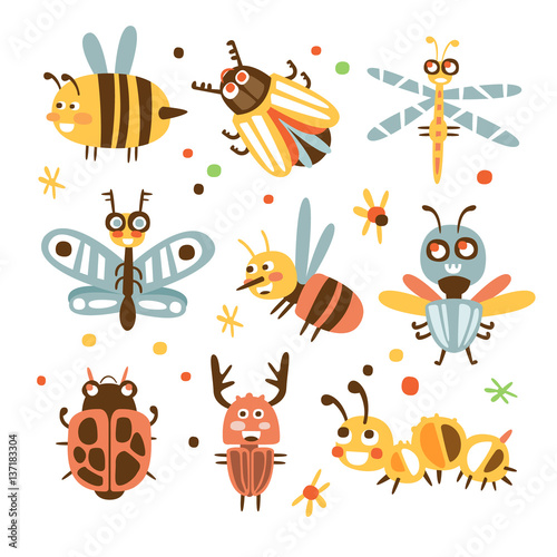 Funky Bugs And Insects Set Of Small Animals With Smiling Faces And Stylized Design Of Bodies © topvectors
