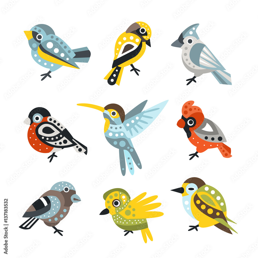 Fototapeta premium Small Bird Species, Sparrows And Hummingbirds Set Of Decorative Artistic Design Wild Animals Vector Illustrations