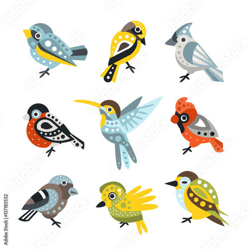 Small Bird Species, Sparrows And Hummingbirds Set Of Decorative Artistic Design Wild Animals Vector Illustrations