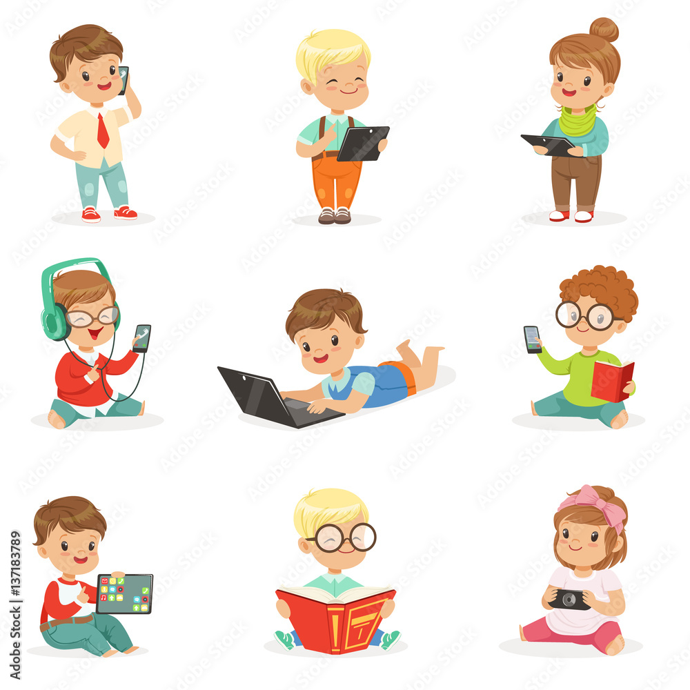 Small Kids Using Modern Gadgets And Reading Books, Childhood And Technology Set Of Cute Illustrations Small Kids Using Modern Gadgets And Reading Books, Childhood And Technology Set Of Cute Illustrations