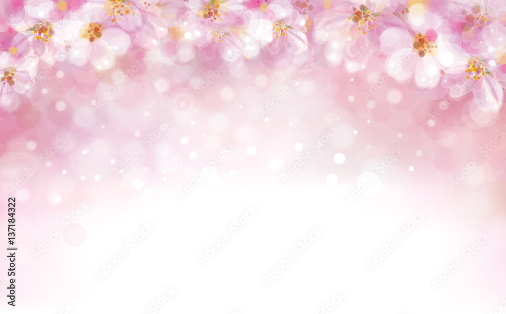Vector blossoming sakura tree, pink bokeh background.