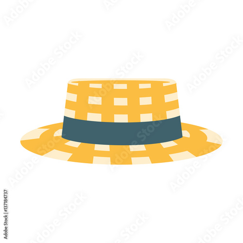 Checkered Male Straw Hat With Ribbon, Part Of Summer Beach Vacation Series Of Illustrations