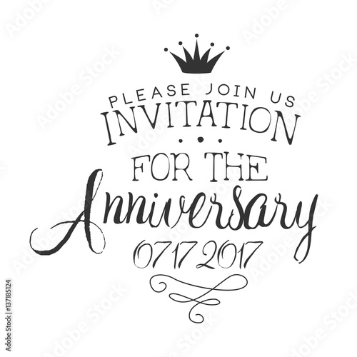 Anniversary Party Black And White Invitation Card Design Template With Calligraphic Text