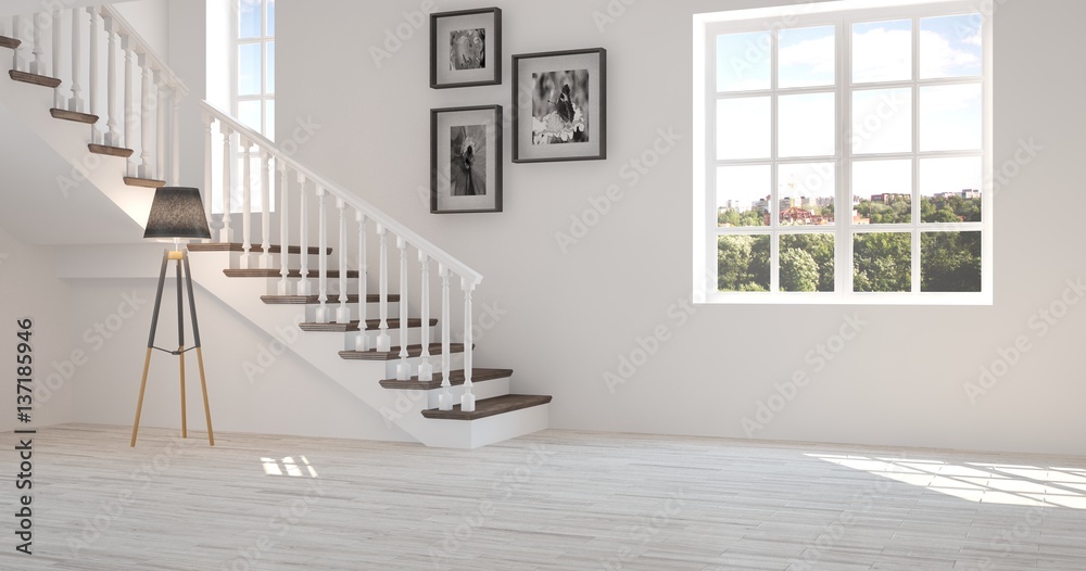 Fototapeta premium White room with stair and green landscape in window. Scandinavian interior design